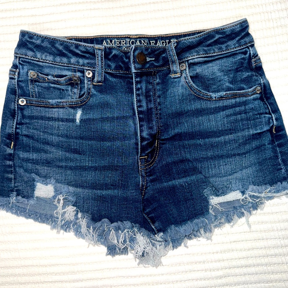 American Eagle Outfitters Dark Blue Frayed Jean Shorts